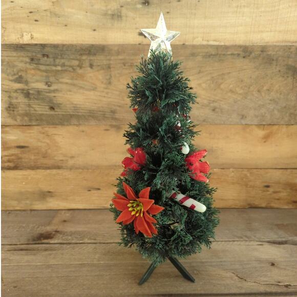 Vtg 1950s Tabletop Plastic Christmas Tree with Red Flocked Ornaments Gold Star - Picture 2 of 10